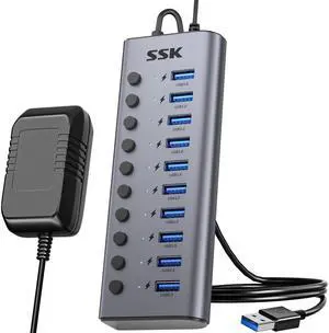 SSK 10 Port Powered USB 3.0 Hub, 60W Aluminium USB Charging Hub with DC 12V5A Power Adapter, Supports Simultaneous Fast Charge and 5Gbps Data Transmission,USB Extender Hub with 3.96ft/1.2m Long Cable
