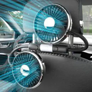 8T69T Dual-Head USB Car Fan for Backseat, 360° Rotatable Quiet Cooling with LED Light, 3 Speeds USB-Powered Headrest Accessory for Kids & Passengers