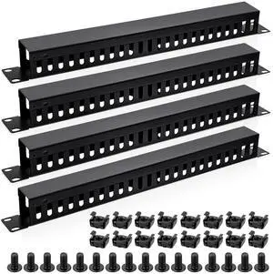 4 Pieces 19 Inch Cable Manager 1U 24 Slot Horizontal Rack Mount Metal Finger Duct Wire Organizer with Cover and Mounting Screws for Network Cabinet, Black