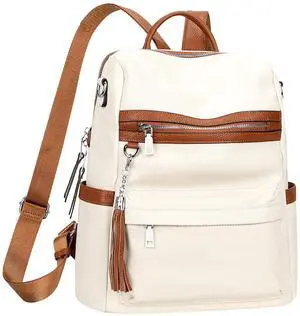 ALTOSY Genuine Leather Backpack Purse for Women Convertible Shoulder bag Soft Crossdody Bag with Laptop Compartment Large (S108 White/Brown)