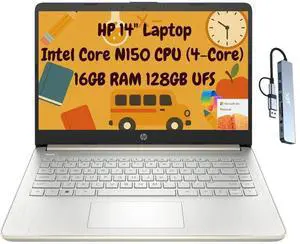 HP 14 Thin Portable Student Laptop 2026, 14" HD, Intel N150, 16GB RAM, 256GB Storage (128GB UFS + 128GB microSD), 1 Year Office 365 1TB Cloud, Wi-Fi 6, HDMI, Docking Station, Webcam, Windows 11, Gold HP 14 Thin Portable Student Laptop 2026, 14" HD, Intel N150, 16GB RAM, 256GB Storage (128GB UFS + 128GB microSD), 1 Year Office 365 1TB Cloud, Wi-Fi 6, HDMI, Docking Station, Webcam, Windows 11, Gold