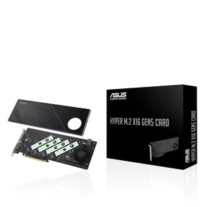 ASUS Hyper M.2 x16 Gen5 Card (PCIe 5.0/4.0) Supports Four NVMe M.2 (2242/2260/2280/22110) Devices up to 512 Gbps for AMD and Intel Platform RAID Functions. ASUS Hyper M.2 x16 Gen5 Card (PCIe 5.0/4.0) Supports Four NVMe M.2 (2242/2260/2280/22110) Devices up to 512 Gbps for AMD and Intel Platform RAID Functions.