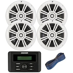 Kicker Weather-Resistant Marine Bluetooth USB AM/FM Stereo Receiver Bundle Combo with 2 Pair (Qty 4) of 6.5" 2-Way 150W Max Power Coaxial White Marine Audio Speakers, 50-Feet 16-Gauge Kicker Weather-Resistant Marine Bluetooth USB AM/FM Stereo Receiver Bundle Combo with 2 Pair (Qty 4) of 6.5" 2-Way 150W Max Power Coaxial White Marine Audio Speakers, 50-Feet 16-Gauge