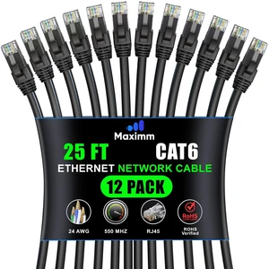 Maximm Cat6 Ethernet Cable 25 Ft, 10 Gbps 550 MHz, Black, 12 Pack Maximm Cat6 Ethernet Cable 25 Ft, 10 Gbps 550 MHz, Black, 12 Pack