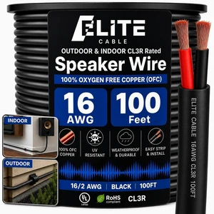 Elite 16/2 Speaker Wire 100ft, UL Listed, CMR/CL3R, (Riser/in-Wall & Outdoor/In-Ground (Direct Burial)- 100% Oxygen Free Pure Bare Copper (OFC), 16AWG/2-Conductor, 100ft Bulk Cable (65 Strands) Black Elite 16/2 Speaker Wire 100ft, UL Listed, CMR/CL3R, (Riser/in-Wall & Outdoor/In-Ground (Direct Burial)- 100% Oxygen Free Pure Bare Copper (OFC), 16AWG/2-Conductor, 100ft Bulk Cable (65 Strands) Black