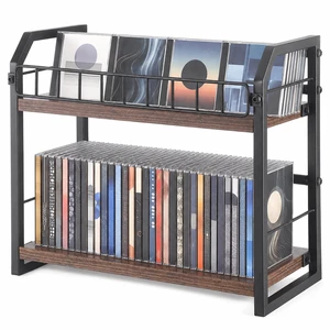 Skdqiee 2-Tier CD Storage Rack, Metal Wood CD Storage Shelf, Organizer Rack with Non Slip Pads & Raised Guardrail, 11 lbs Load Capacity, Open Countertop Stand for Office, Kitchen Skdqiee 2-Tier CD Storage Rack, Metal Wood CD Storage Shelf, Organizer Rack with Non Slip Pads & Raised Guardrail, 11 lbs Load Capacity, Open Countertop Stand for Office, Kitchen