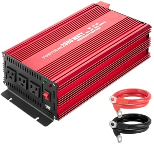 Pure Sine Vane Power Inverter 2000 Watt, DC 12V to 110V AC Converter with 3 Charger Outlets and with 2 Built-in 5V/2.1A USB Port Red Pure Sine Vane Power Inverter 2000 Watt, DC 12V to 110V AC Converter with 3 Charger Outlets and with 2 Built-in 5V/2.1A USB Port Red