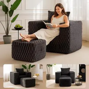 Modern Corduroy Cloud Chaise Lounge Chair with Ottoman & Throw Pillows DeepSeat Fluffy Sleeper Sofa Armchair with Wide Armrests, Compression Sofa for Living Room Bedroom