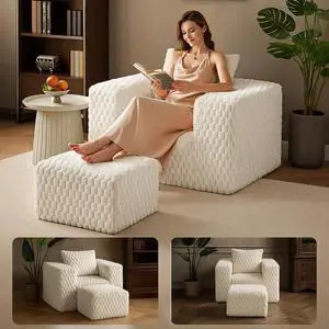 Modern Corduroy Cloud Chaise Lounge Chair with Ottoman & Throw Pillows DeepSeat Fluffy Sleeper Sofa Armchair with Wide Armrests, Compression Sofa for Living Room Bedroom