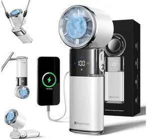 Portable Handheld Turbo Fan with Ice Cooling, 9000mAh Rechargeable Personal Fan, 100-Speed Wind, Built-in Type-C Cable, LED Display,135° Tilt Foldable for Desk/Neck/Travel-White Portable Handheld Turbo Fan with Ice Cooling, 9000mAh Rechargeable Personal Fan, 100-Speed Wind, Built-in Type-C Cable, LED Display,135° Tilt Foldable for Desk/Neck/Travel-White