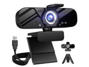 Full HD Webcam with Built-in Microphone and Rotatable Tripod, 2K Video and Wide Angle Camera, Privacy Cover, for Desktop PC or Laptop Computer Full HD Webcam with Built-in Microphone and Rotatable Tripod, 2K Video and Wide Angle Camera, Privacy Cover, for Desktop PC or Laptop Computer