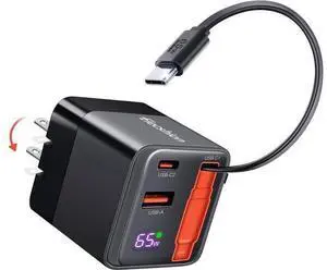 65W Retractable Wall Charger USB C Charger Block Built-in Type C Cable & Dual Port PD PPS Fast Charging GaN Power Adapter Travel Charger for MacBook Lenovo IdeaPad iPhone 16 Pro Max Galaxy S24 65W Retractable Wall Charger USB C Charger Block Built-in Type C Cable & Dual Port PD PPS Fast Charging GaN Power Adapter Travel Charger for MacBook Lenovo IdeaPad iPhone 16 Pro Max Galaxy S24