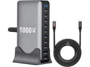 1000W 10-Port GaN 4 Desktop Charging Station with 240W 6.6 ft Data Cable - Compatible with Tablets Phones Laptops Gaming Consoles Headphones 1000W 10-Port GaN 4 Desktop Charging Station with 240W 6.6 ft Data Cable - Compatible with Tablets Phones Laptops Gaming Consoles Headphones