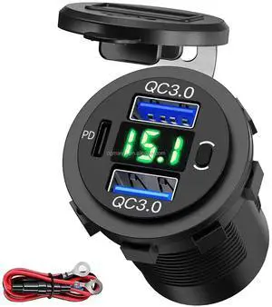 12-24V PD & QC3.0 USB Charger With LED Voltmeter Fast Car Charger Socket Outlet Green 12-24V PD & QC3.0 USB Charger With LED Voltmeter Fast Car Charger Socket Outlet Green