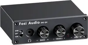 Q4 DAC Headphone Amp for PC, Desktop Digital to Analog Audio Converter for Home Stereo Amplifier and Powered Speakers, PC-USB/Optical/Coaxial Inputs, 3.5mm Headphone/RCA Outputs Q4 DAC Headphone Amp for PC, Desktop Digital to Analog Audio Converter for Home Stereo Amplifier and Powered Speakers, PC-USB/Optical/Coaxial Inputs, 3.5mm Headphone/RCA Outputs