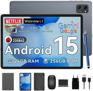 TABWEE 2025 Latest Android 15 Tablets with 10.1 Inch Incell Display, 24GB RAM 256GB ROM /2TB TF, Gemini AI, T606 Octa-Core+8MP Camera, 5000mAh, Widevine L1, 2 in 1 Tablets with Keyboard Mouse Stylus