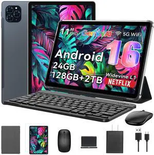 Tablet 2025 World's First Android 16 Tablet with Gemini AI, 11 Inch FHD Display, 24GB RAM 128GB ROM /2TB TF, T7280 CPU+13MP Camera, 8000mAh, Widevine L1, 2 in 1 Tablets with Keyboard Mouse Stylus