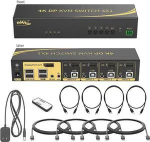 Displayport KVM Switch, Displayport 4 Port DP 1.2 4x1 Supports 4K @60Hz 4:4:4 hotkey Switching Keyboard Mouse Audio with USB 2.0 Control up to 4 PCs