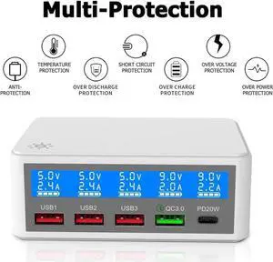5 Ports USB Charger, 65W 5-Port USB C Charging Station Multi Port USB Hub Charger Compact Size LCD Display, QC 3.0 and PD USB C Fast Charger, Compatible with iPhone iPad Samsung Kindle Tablet and More