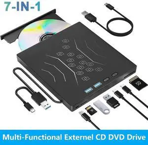 7 in 1 External DVD Drive, External CD/DVD Drive USB 3.0 & Type-C, Portable CD/DVD +/-RW Disk Drive, CD/DVD Burner CD ROM External Drive for Laptop Desktop PC Windows 7/8/10/XP Linux Mac OS