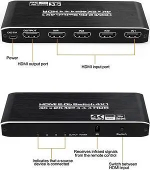 4K HDMI Switch 4x1, 4 Port HDMI Selector Switcher 4 in 1 Out with IR Remote Control Support 4K@60Hz, 4Kx2K, HDR, HDMI 2.0b, HDCP 2.2, 3D, 1080P