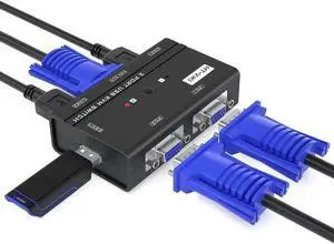 USB VGA KVM Switch 2 Ports w/Cables & 3 USB Hubs, 260KL 1080P KVM Switches Two Computers Share 1 Set of Monitor Keyboard Mouse Printer/U Disk