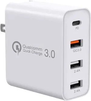 USB C Charger, 48W 4 Ports Fast Charging PD Wall Chargers Quick Charge 3.0, Multi Port USB-C Travel Adapter for SamsungS10/S9/S8/Plus, iPhone Xs/Max/XR/iPhone11, Mainstream Models, Fully Compatible
