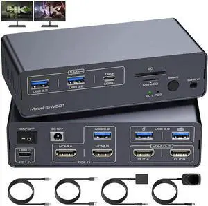 KVM Switch Docking Station USB C HDMI KVM Switch for 1 Laptop 1 Computer 2 Monitor HDMI 4K60Hz, EDID, Dual Monitor HDMI KVM Switcher for Laptop and PC Share 2 Monitors, 13-in-1 Dock