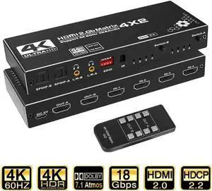 HDMI Matrix 4x2,4K@60Hz HDMI Matrix Switch 4 in 2 Out with EDID Extractor and IR Remote Control, Support HDMI 2.0b, HDCP2.2, HDR10, Ultra HD, 3D