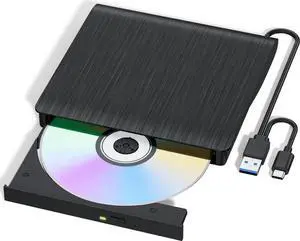 External CD/DVD Drive for Laptop, USB 3.0 & Type-C External CD DVD Burner, Portable DVD Player for Laptop, Slim External Optical Drive Compatible with Windows 11/10/8/7/XP, Mac, Linux OS