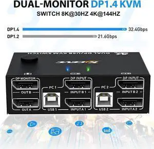 Dual Monitor KVM Switch, USB Displayport KVM Switch 2 Monitors 2 Computers 8K@30Hz 4K@144Hz, 2 in 2 Out DP KVM Switch with 4 USB Ports for USB Devices, Wired Remote and USB Cables Included