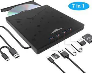 External CD DVD Drive, 7 in 1 USB 3.0 & Type-C CD/DVD +/-RW ROM Burner Writer Rewriter with SD/TF & 4 USB Port, External Optical Disc CD/DVD Drive DVD Player for Windows 11/10/8/7, Linux, MacOS