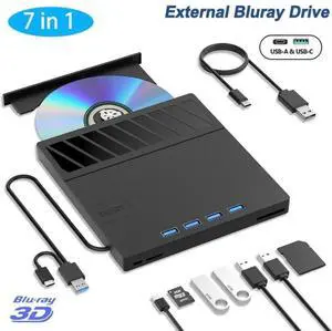 7 in 1 External Blu Ray Drive, USB 3.0 Type-C External Blu ray Player, 50GB BD write support, 3D External Blu Ray Burner with 4 USB A&TF/SD Port, External Optical Drive for Windows Linux Mac OS