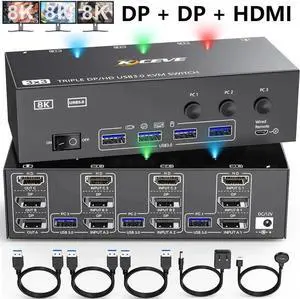 USB 3.0 KVM Switch 3 Monitors 3 Computers, Triple Monitors HDMI+DP+DP KVM Switch, 2 Displayport + HDMI KVM Switch 8K@60Hz for 3 Computers Share Mouse Keyboard, Wired Remote and 3 USB Cable