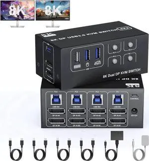 USB 3.0 KVM Switch 2 Monitors 4 Computers Displayport 8K@60Hz 4K@144Hz,Dual Monitor Displayport KVM Switch 4 Port with USB 3.0, 4x2 DP 1.4 KVM Switch for 2 PC/Laptop,Shares One Mouse Keyboard
