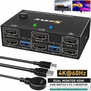 2 in 2 Out HDMI KVM Switch 2 Monitors 2 Computers, USB 3.0 HDMI KVM Switch 4K@60Hz EDID Emulator, Dual Monitor KVM Switch for 2 Computer Share Keyboard Mouse printer scanner, with Wired Remote