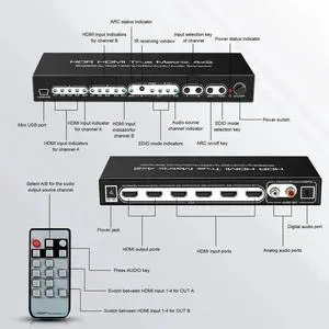 8K 4x2 HDMI Matrix, 4 in 2 Out HDMI 2.1 Matrix HDMI Video Switcher Splitter + Optical & L/R Audio Output,Support 4K @120Hz,HDR10 HDCP2.3 Do-l-by Vision Atmos SPDIF 5.1CH ARC with IR Remote Control