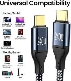 USB C to USB C Cable 3.3FT / 1M, 240W Type C to Type C Charger Cable, Built in E-mark Chip USB-C Fast Charging Cord Compatible with Mac-Book Pro/Air, i-P-ad Pro, Air 5/4, Mini 6, Laptop, Smartphone..