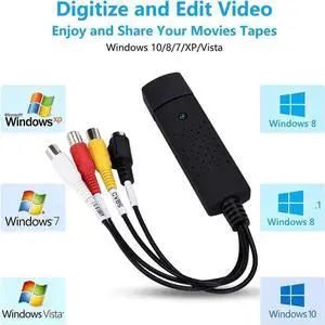 USB Video Capture Converter, Digitize and Edit Video, VCR VHS to DVD, Analog Video to Digital PC for Windows 7 8 10