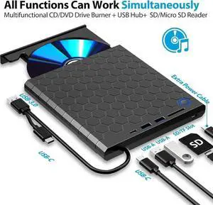 6-in-1 External CD/DVD Drive for Laptop, DVD Player for Laptop, CD Reader with 2 USB A, 1 USB C & SD/TF Card Reader, External CD/DVD Optical Drive Compatible with Windows 11/10/8/7/Linux, MacOS