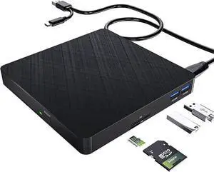 5 in 1 External CD DVD Drive, USB 3.0 & Type-C Portable CD DVD Burner with SD/TF Card Reader and 2 USB Ports, External Optical CD/DVD Drives for PC Desktop/Laptop/Linux/Mac/Windows 11/10/8/7 (Black)