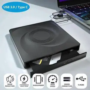 External CD/DVD Drive for Laptop, USB 3.0 & Type-C External Optical Drive CD Burner DVD Player, Portable CD DVD +/-RW Drive - Plug and Play, Compatible with Windows XP/7/8/10/11,Linux,MacOS PC (Black)