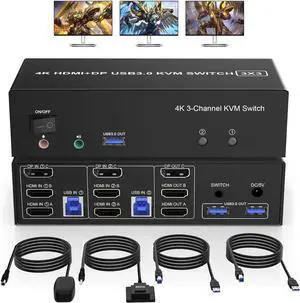 [2 HDMI + 1 Displayport] KVM Switch 3 Monitor 2 Computers, 4K@60Hz Triple Monitor KVM Switch with Audio&microphone and 3 USB 3.0 Ports, 2 Computers Share 3 Monitors Keyboard Mouse Switcher
