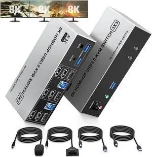8K@60Hz USB 3.0 2 Displayport+HDMI KVM Switch Triple Monitor 2 Computer, 2PC Share 3 Monitors (HDMI+DP+DP) KVM Switch with Audio Microphone and 3 USB3.0 Ports, HDMI+2 DP Monitor Switch for 2PCs