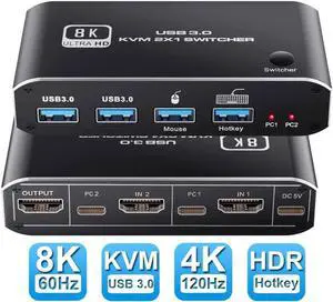 @60Hz 2x1 HDMI 2.1 KVM Switch, 2 Port 2 in 1 Out KVM HDMI 2.1 Switch for 2 PCs Shares 1 Set Mouse, Keyboard and Monitor, Support 8K @60Hz, 4K @120Hz, Hotkey, USB 3.0 Port, HDMI2.1 in/Out Port