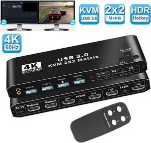 2x2 HDMI KVM Matrix Switch Dual Monitor HDMI + USB-C 4K@60Hz 2 in 2 Out KVM Switch 2 Monitors 2 Computers, with Keyboard, Mouse Output and 2 USB 3.0 Ports, PC Monitor Keyboard Mouse Switcher