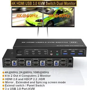 4K@60Hz HDMI KVM Switch 2 Monitors 4 Computers, Supports EDID, Dual Monitor HDMI USB 3.0 KVM Switch with Audio Microphone Output and 3 USB 3.0 Ports,PC Monitor Keyboard Mouse Switcher for 4 PCs