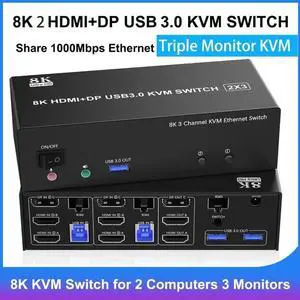 KVM Switch 3 Monitors 2 Computers, 2 HDMI + DisplayPort USB 3.0 KVM Switch Triple Monitor for 2 Computer Share 1000Mbps RJ45 Ethernet, with 3 USB 3.0 Ports, 3.5m Audio&Microphone, Wired Remote