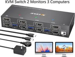 HDMI KVM Switch 2 Monitors 3 Computers 4K@60Hz, Dual Monitor HDMI USB 3.0 KVM Switches for 3PC share 2 Monitors and 4 USB Devices, Wired Remote, Power Adapter and USB 3.0 Cables Included