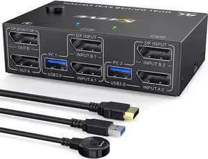 2 Ports Dual Monitor DisplayPort KVM Switch 8K @30Hz 4K @60Hz 2 in 2 Out, DP 1.4 KVM Switch and 4 USB 3.0 for 2 Computers, Backward Compatible DP1.2 with DP+USB Cables and Wired Controller included